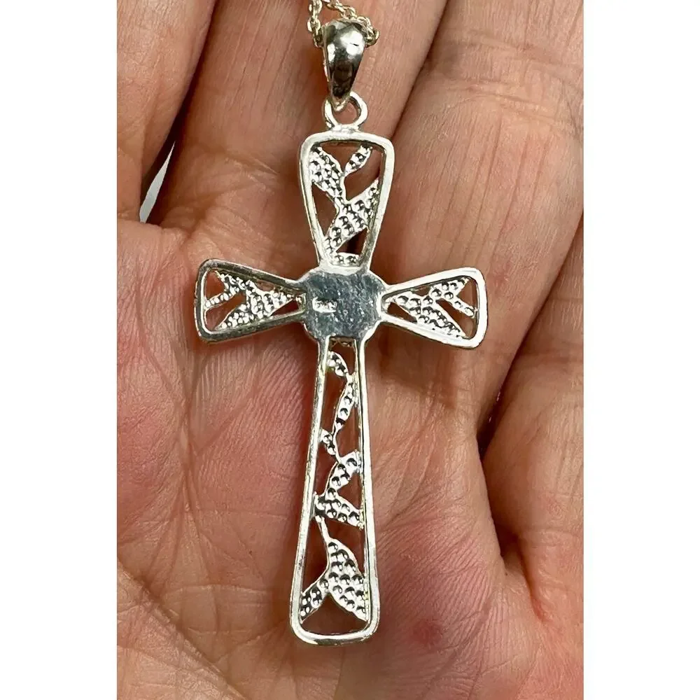 Vintage 925 Sterling Silver Rose Cross Pendant Necklace 2